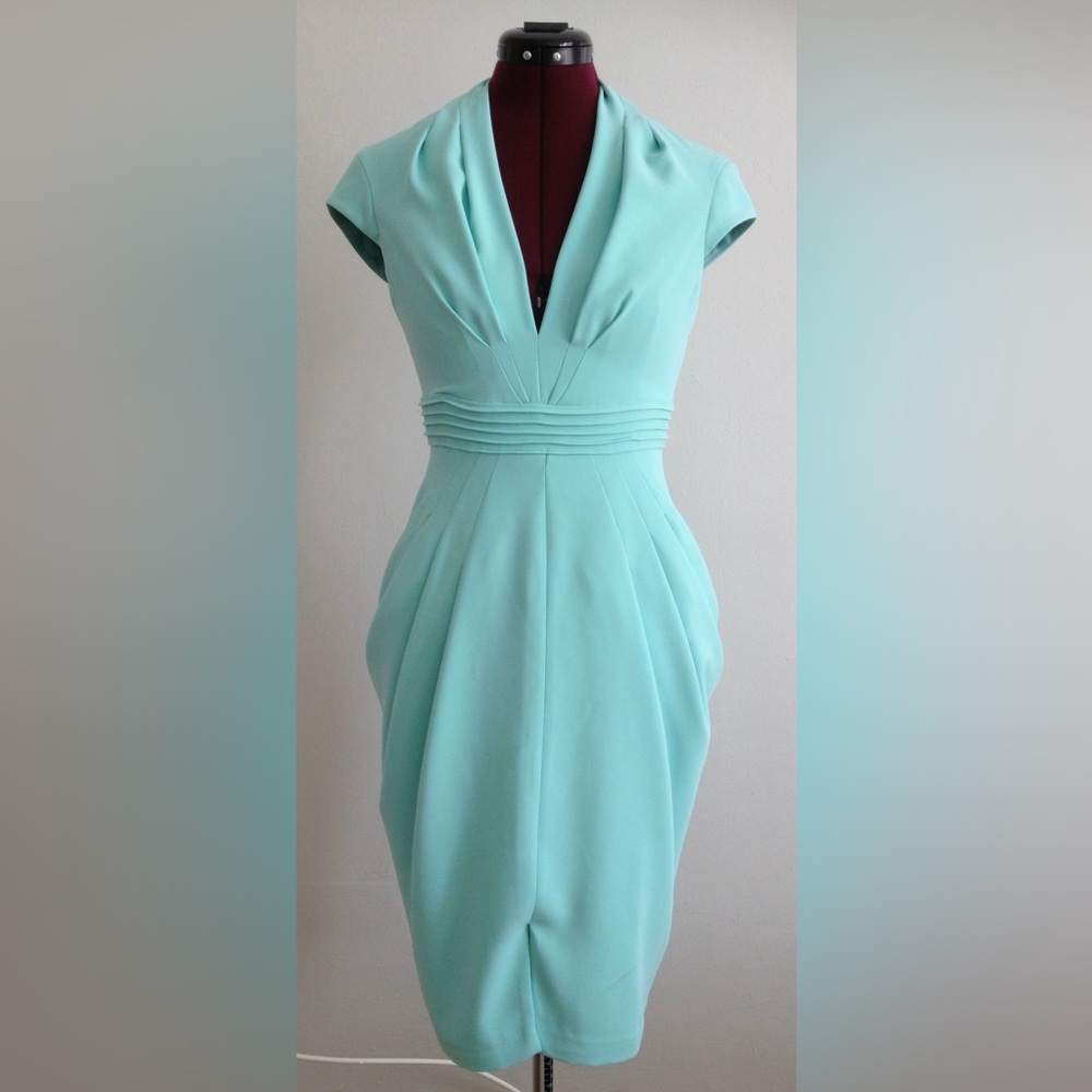 Deep V-neckline cap sleeve draped sheath dress